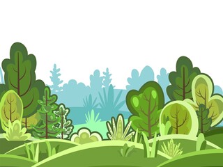 Flat forest. Illustration in a simple symbolic style. Funny green rural landscape. Comic design. Wild thickets. Cute scene with trees. Isolated Cartoon Vector