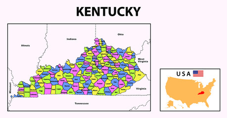 Fototapeta premium Kentucky Map. State and district map of Kentucky. Administrative and political map of Kentucky with neighboring countries and borders.