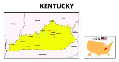 Kentucky Map. State and district map of Kentucky. Administrative and political map of Kentucky with major district - obrazy, fototapety, plakaty