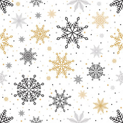 Simple Christmas seamless pattern. Snowflakes with different ornaments. On white background