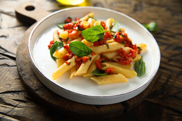 Traditional Italian pasta with tomatoes and basil	