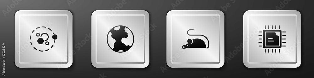 Poster set atom, earth globe, experimental mouse and processor cpu icon. silver square button. vector