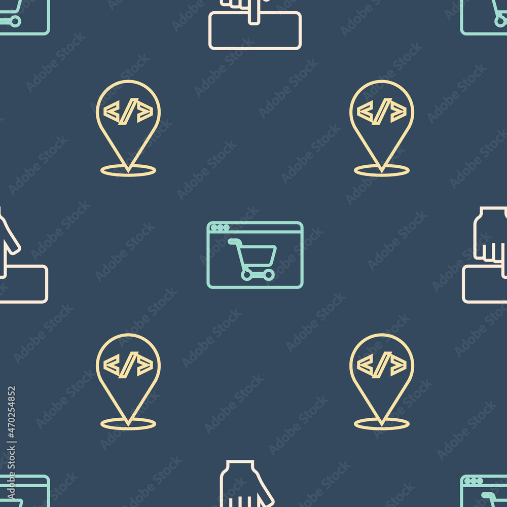 Poster set line keyboard, front end development and online shopping screen on seamless pattern. vector