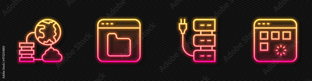 Poster set line server, network cloud connection, browser files and loading data window. glowing neon icon.