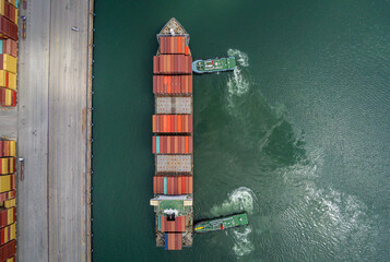 Aerial top view containers ship cargo business commercial trade logistic and transportation of...