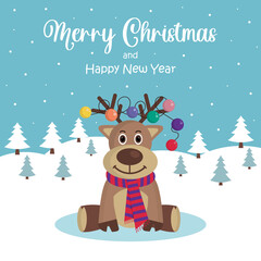 Christmas Deer with decoration balls on antlers. Christmas card. Merry Christmas and Happy New Year.