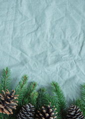 Spruce twigs on the green linen crumpled textile background