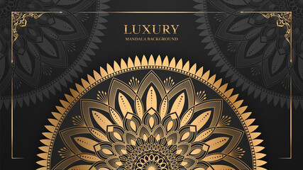 Luxury ornamental Arabesque mandala design with golden and black color background
