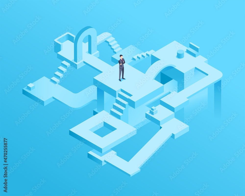 Poster isometric vector image on a blue background, abstract place in the virtual space and man, the constr