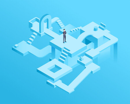 isometric vector image on a blue background, abstract place in the virtual space and man, the construction of different forms in imagination