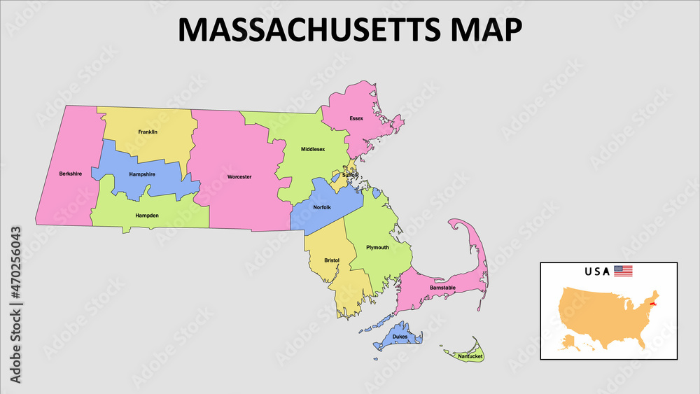 Sticker Massachusetts Map. District map of Massachusetts in 2020. District map of Massachusetts in color with capital.