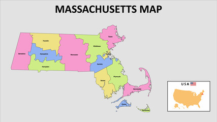 Massachusetts Map. District map of Massachusetts in 2020. District map of Massachusetts in color...