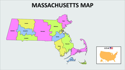 Massachusetts Map. District map of Massachusetts in 2020. District map of Massachusetts in color with capital.