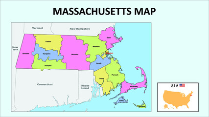 Massachusetts Map. State and district map of Massachusetts. Political map of Massachusetts with neighboring countries and borders.