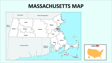 Massachusetts Map. Political map of Massachusetts with boundaries in white color.