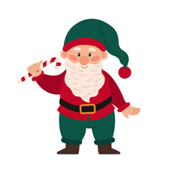Obraz premium Happy cute xmas little gnome with beard. Cute elf dwarf is holding a caramel cane. Colored flat vector illustration of fairytale character isolated on white background.