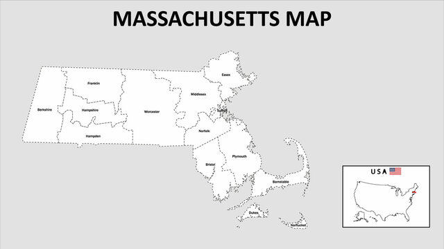 Massachusetts Map. State and district map of Massachusetts. Administrative map of Massachusetts with district and capital in white color.