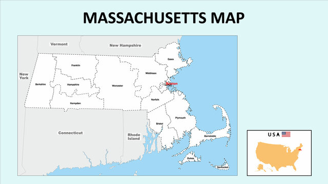Massachusetts Map. Political map of Massachusetts with boundaries in white color.