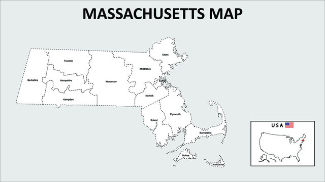 Massachusetts Map. State and district map of Massachusetts. Administrative map of Massachusetts with district and capital in white color.