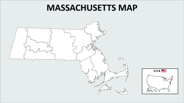 Massachusetts Map. State and district map of Massachusetts. Political map of Massachusetts with outline and black and white design.