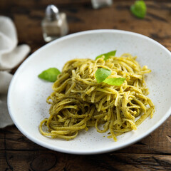 Traditional spaghetti with pesto sauce