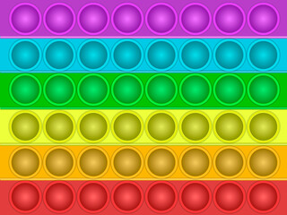 Fidget toy pattern. Popit sensory vector toy. Seamless rainbow popular pop it. 3d realistic antistress fidgeting toy. Bubble popit fidget vector. Anti stress rainbow sensory icon. Cartoon illustration