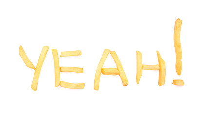 Word YEAH made of tasty french fries on white background