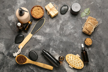 Frame made of cosmetic products and bath supplies on dark background