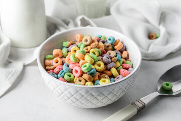 Bowl with crunchy corn flakes rings on light background