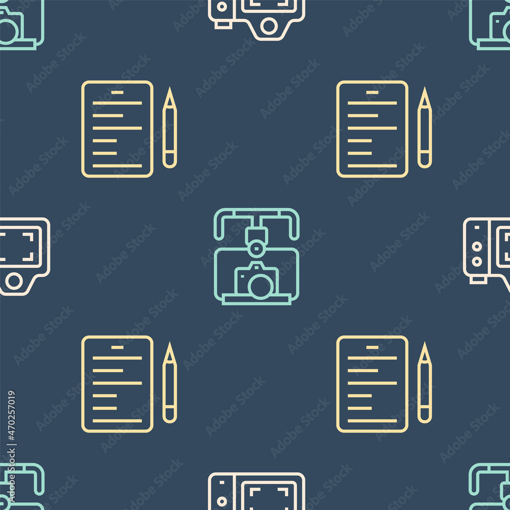 Poster set line photo camera, scenario and gimbal stabilizer with on seamless pattern. vector