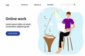 Website landing page template.  concept for working online, freelancing, working from home. Vector illustration in a flat cartoon style