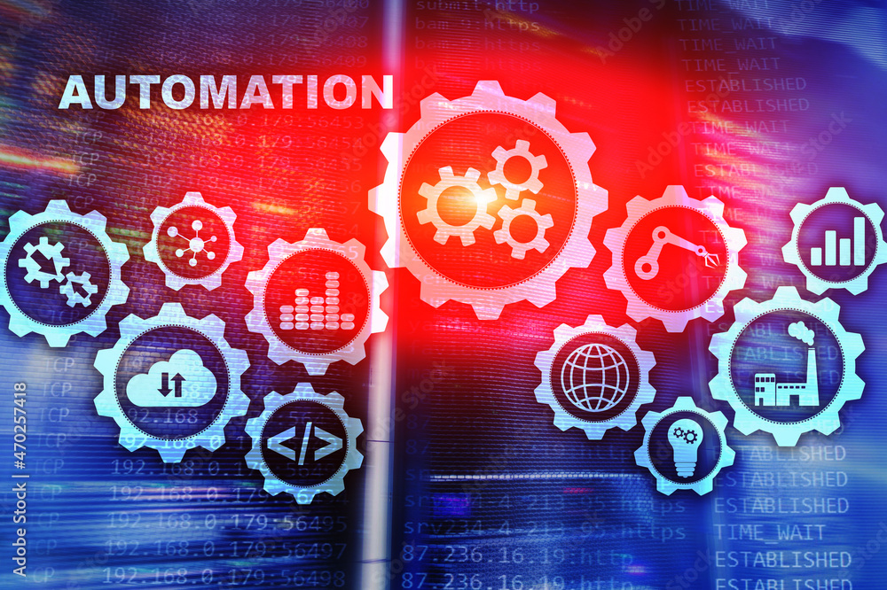 Poster automation productivity increase concept. technology process on a server room background