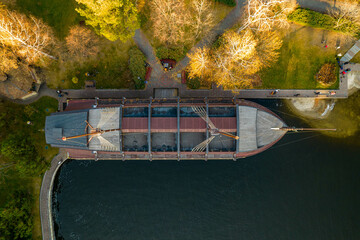 Aerial view of the ship-restaurant on the shore of the Kiev sea