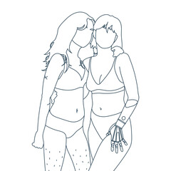 International Women's Day Feminism card with hand drawn cartoon characters of women in modern flat minimalism style