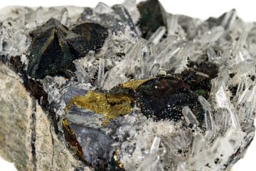 Macro stone mineral Pyrrhotite, quartz, Sphalerite, calcite, Galena on white background