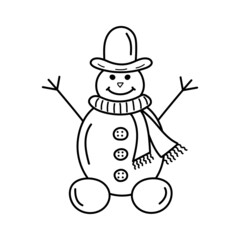 Сute snowman in hat and scarf in doodle style. New Year, Christmas and winter character.
