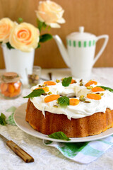 Qamar al-Din cake, a foreign sweet with an Arabic flavor, decorated with cream, dried apricots and mint leaves, one of the famous Ramadan sweets