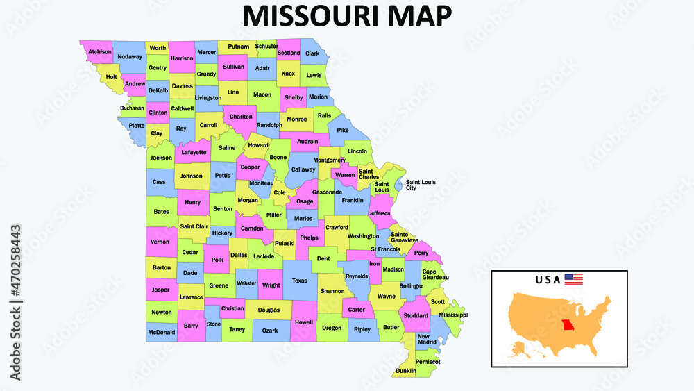 Wall mural missouri map. state and district map of missouri. political map of missouri with neighboring countri