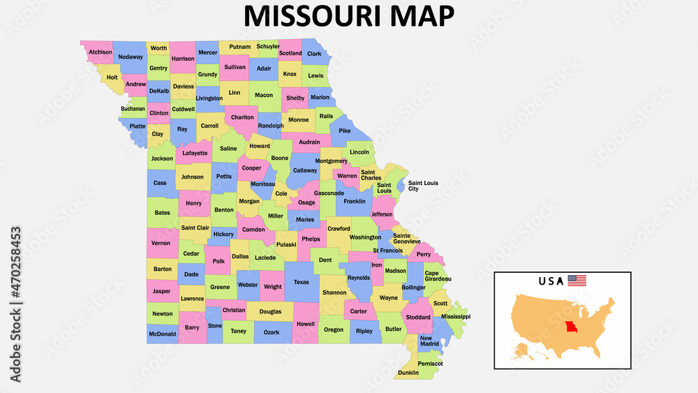 Canvas Prints missouri map. district map of missouri in 2020. district map of missouri in color with capital.