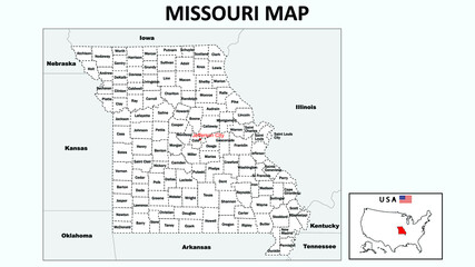 Missouri Map. Political map of Missouri with boundaries in white color.