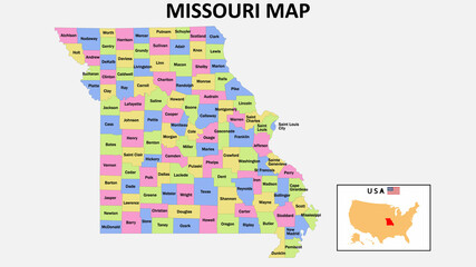 Missouri Map. District map of Missouri in 2020. District map of Missouri in color with capital.