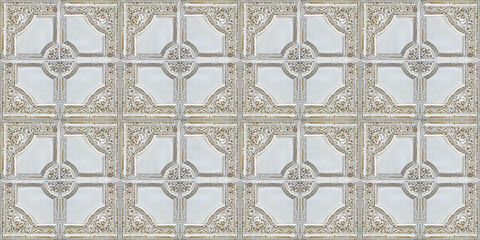Old decorative painted tin ceiling tiles. Seamless pattern.  - 470258462