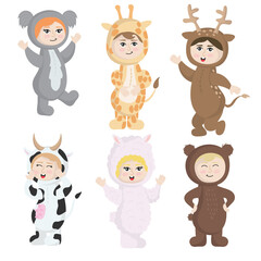 Vector isolated on white background set of children in animal costumes. Cute cartoon kids like bear, lama, koala, cow, girage, deer.
