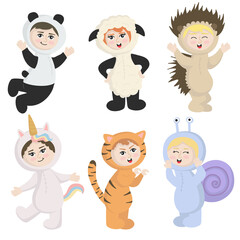 Vector isolated on white background set of children in animal costumes. Cute cartoon kids like panda, unicorn, sheep, hedgehog, tiger, snail.