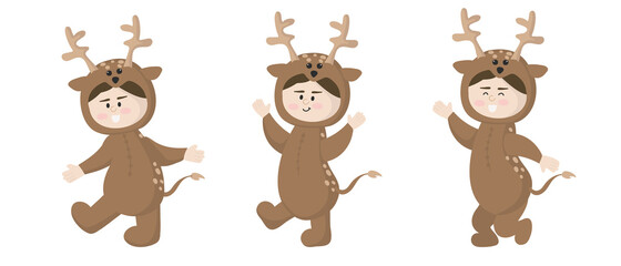 Vector illustration isolated on white background child in animal carnival costume. Cute cartoon baby in a deer costume in different poses