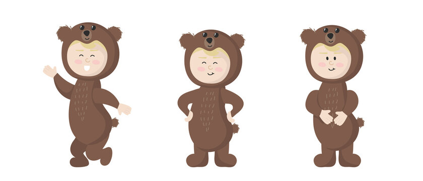 Vector illustration isolated on white background child in animal carnival costume. Cute cartoon baby in a bear costume in different poses