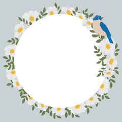 Vector illustration of a floral round frame with white flowers and a blue bird. Frame for text, suitable for postcard, wedding invitation, thank you card.Vector border

