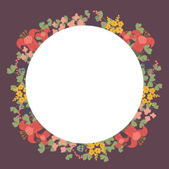 Vector illustration of a floral round frame with flowers. Frame for text, suitable for postcard, wedding invitation, thank you card.Vector border
