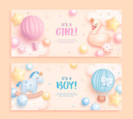 Set of baby shower invitation with cartoon swan, horse, helium balloons and flowers on beige background. It's a boy. It's a girl. Vector illustration