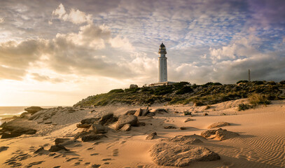 Vista panorámica del faro de Trafalgar al atardecer, Los Caños de Meca, provincia de Cádiz, Andalucía, España. © inigolaitxu